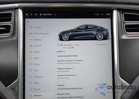 2015 Tesla Model S 70D/85D/P85D z USA, uszkodzony, nr VIN 5YJSA1H29FFP70676